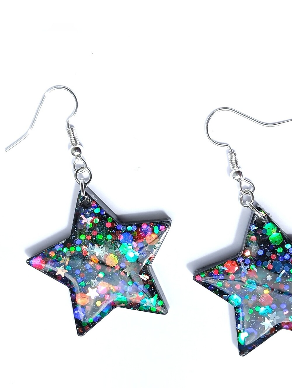 Black multicolor chunky glitter star dangle earrings with silver hooks new